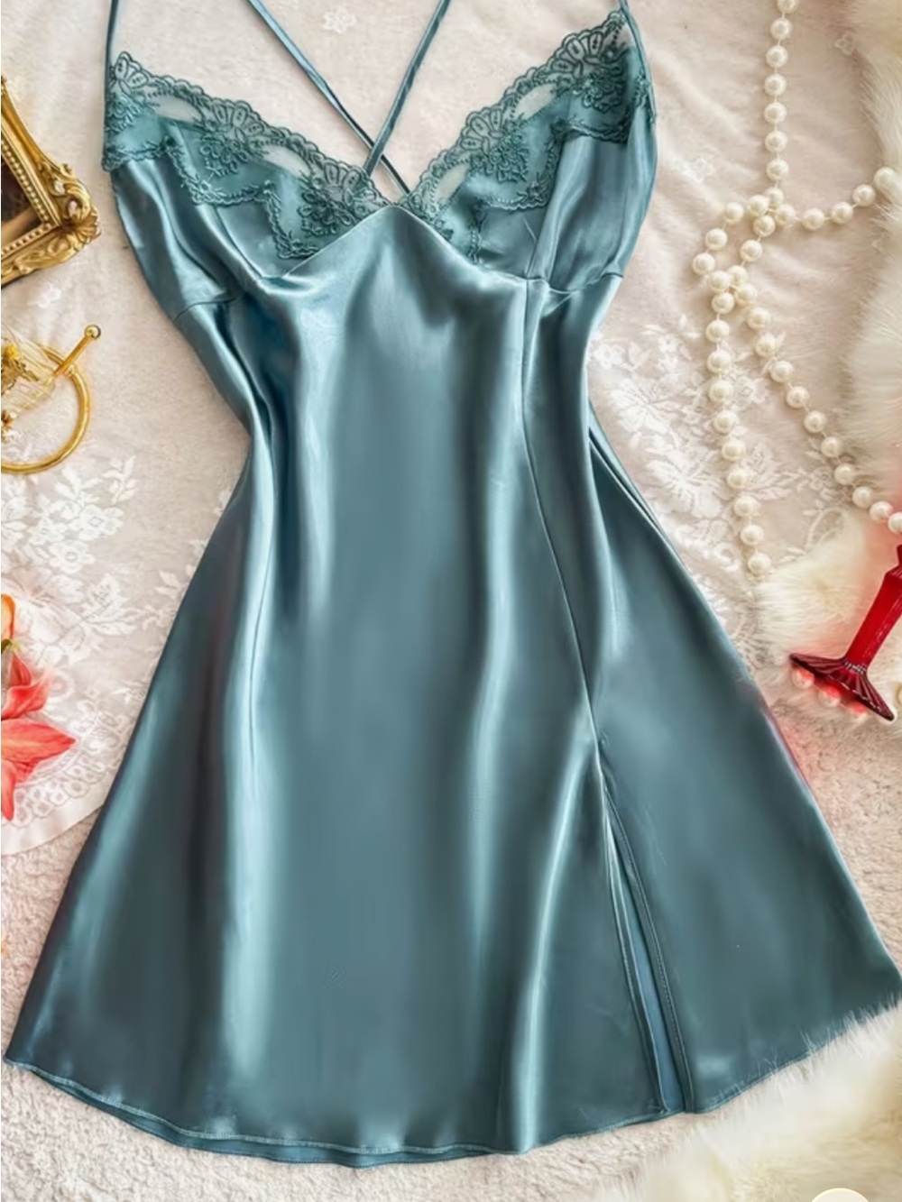 Satin Lace-Trim Chemise in Teal